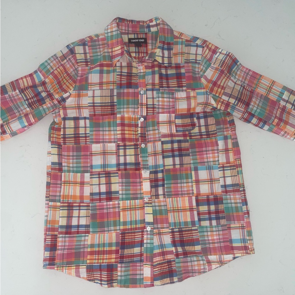 Lands' End Womens Madras Patchwork Plaid Button D… - image 5